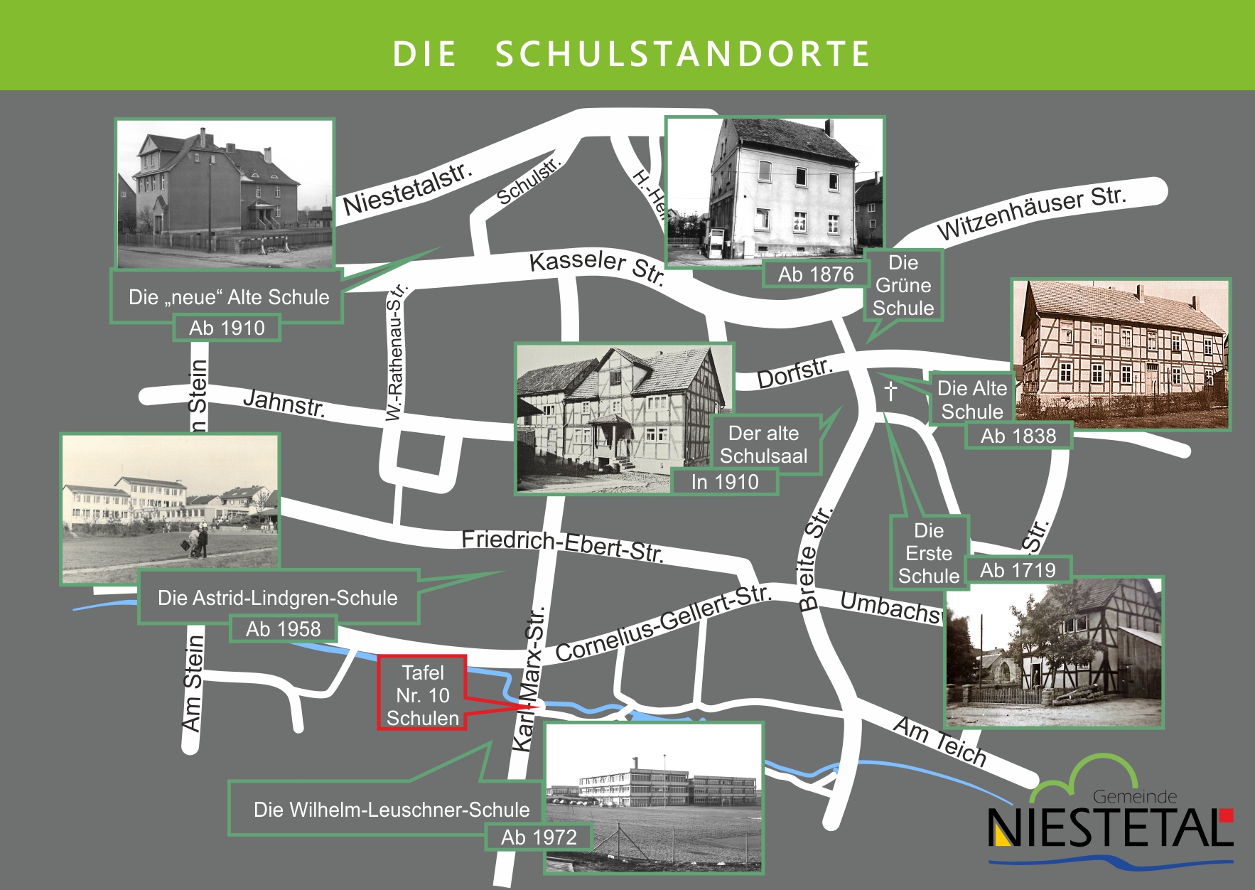 Die Standorte der Schulen im Ort, mit Bildern und dem Standort der Tafel Nr. 10 - Schulen am Brunnen der Karl-Marx-Str.
